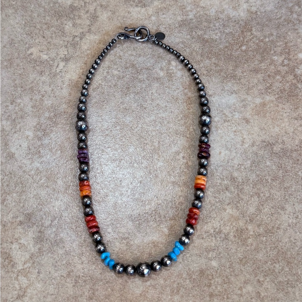 Sterling Silver 14” Graduated Pearls & Multi Stone Necklace - Picture 2 of 3